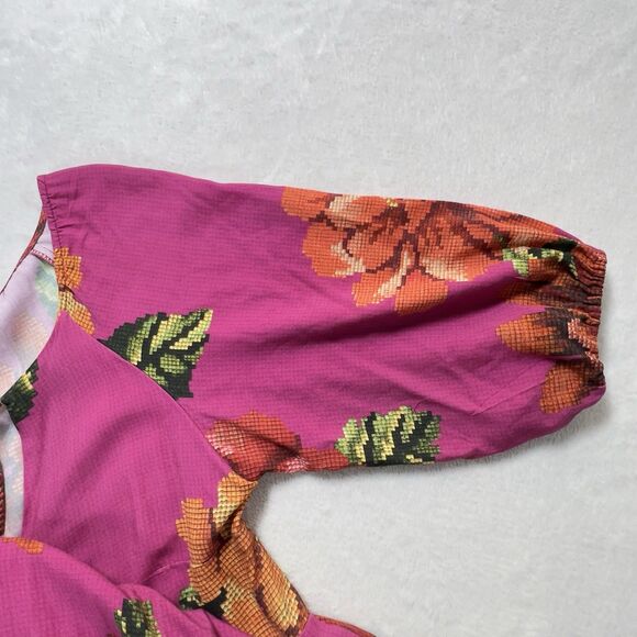 Farm Rio Tiered Midi Dress Womens Sz P (Small) Pink Floral Puff Sleeve - Picture 9 of 11